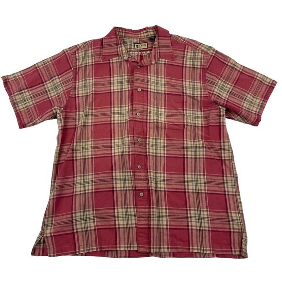 Vintage IZOD Jeans Linen Blend Button Up Shirt Red Ran Plaid Short Sleeve Sz XL - Picture 1 of 7